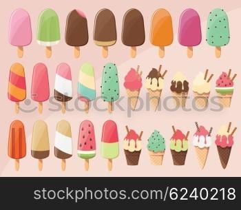 Huge collection of 28 delicious glossy tasty ice cream popsicles, scoops and cones, summer treat, vector illustration