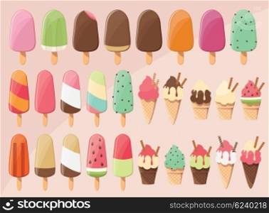 Huge collection of 28 delicious glossy tasty ice cream popsicles, scoops and cones, summer treat, vector illustration