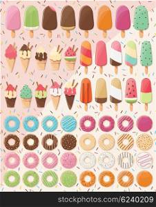 Huge collection of 28 ice creams and 32 donuts, delicious and tasty summer treats, vector illustration
