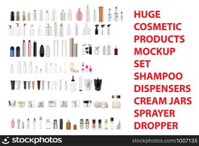 Huge cosmetic mockup set of different product containers: shampoo bottles, spray, dispenser, pump, cream jars, tubes. Realistic 3d vector illustration.. Cosmetic bottle, spray, dispenser, pump, cream jar
