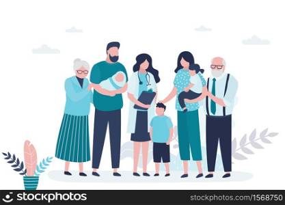 Huge family with newborn baby and doctor. Happy birth of a baby. Healthcare concept banner. Family portrait. Grandparents,parents and children. Trendy style vector illustration