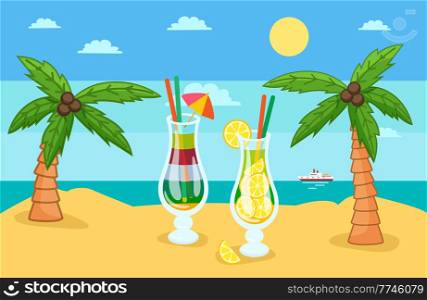 Huge glass with exotic cocktail on the tropical beach with palm trees in sunny day vector illustration. Seaside vacation concept, a trip to a warm southern country, rest and relaxation, sea tourism. Huge glass with exotic cocktail on tropical beach with palm trees in sunny day vector illustration