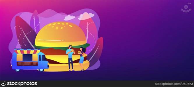 Huge hamburger and businessman and woman eating in the street near truck. Street food, city food truck, street food festival concept. Header or footer banner template with copy space.. Street food concept banner header.