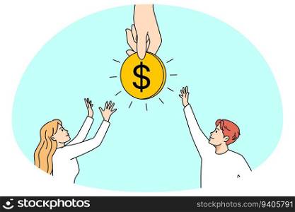Huge hand holding coin, people jump for money. Desperate man and women strive for money investment or bonus. Vector illustration.. People jump for money