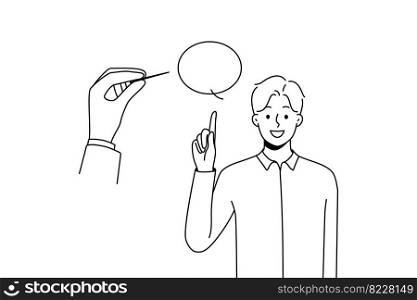 Huge hand pierce speech bubble reject comments or arguments. Person puncture talk balloon of man speaking. Criticism and opinion variety. Vector illustration. . Huge hand puncture speech bubble