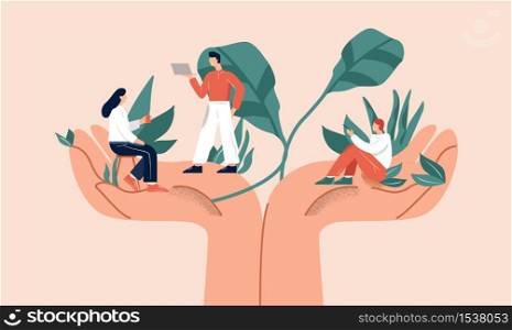 Huge hands holding tiny people office workers vector flat illustration. Support of professional growth, employee care, wellbeing at workplace and benefits for personal at work concept. Huge hands holding tiny people office workers vector flat illustration