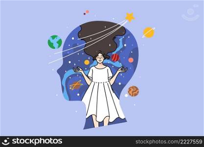 Huge head with calm woman inside meditate with mudra hands. Concept of mindfulness in life. Relaxed girl have meditation session, feel mindful and dreamy. Inner world. Vector illustration. . Huge head with mindful woman inside 
