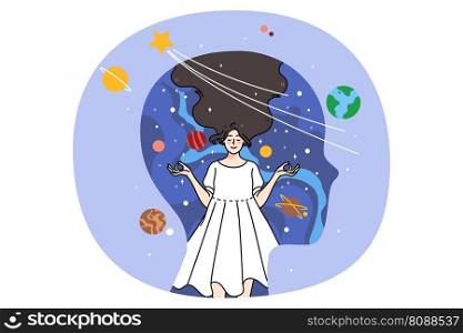 Huge head with calm woman inside meditate with mudra hands. Concept of mindfulness in life. Relaxed girl have meditation session, feel mindful and dreamy. Inner world. Vector illustration.. Huge head with mindful woman inside