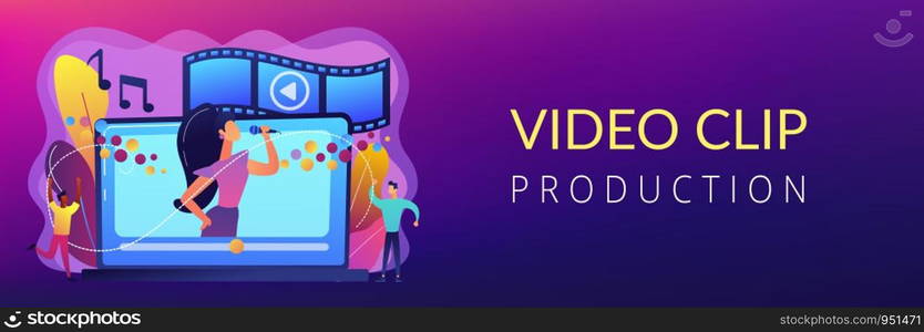 Huge laptop with famous singer performing on screen and tiny people dancing. Music video, official music video, video clip production concept. Header or footer banner template with copy space.. Music video concept banner header.