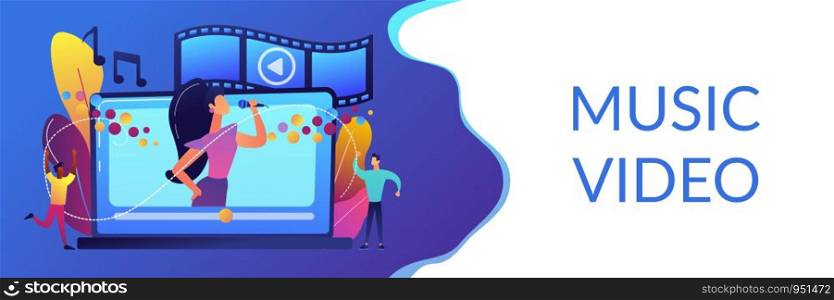 Huge laptop with famous singer performing on screen and tiny people dancing. Music video, official music video, video clip production concept. Header or footer banner template with copy space.. Music video concept banner header.