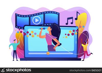 Huge laptop with famous singer performing on screen and tiny people dancing. Music video, official music video, video clip production concept. Bright vibrant violet vector isolated illustration. Music video concept vector illustration.