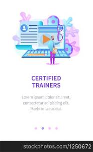Huge Laptop with Video Player on Screen. Teacher with Book in Hand Talk. Profile Page. Certicied Trainers. Leaves Pattern. Vertical Banner. Copy Space. Application Interface. Flat Vector Illustration.. Certicied Trainers. Teacher with Book in Hand Talk