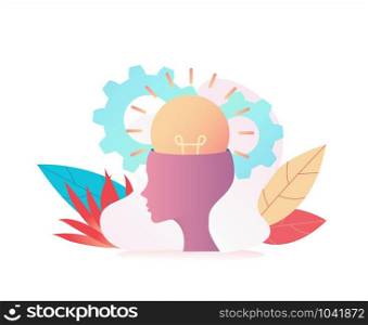 Huge light bulb glows of a large head. Metaphor of the search for ideas. Concept leader, boss, CEO makes the right decision, finds an idea. Vector flat illustration.
