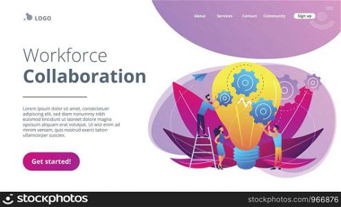 Huge lightbulb and business team holding gears. Teamwork and collaboration, goal achievement, colleagues and workforce concept on white background. Website vibrant violet landing web page template.. Teamwork concept landing page.