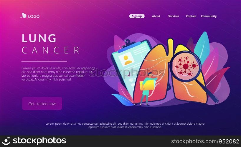 Huge magnifier showing cancer in the lungs and doctor with document folder. Lung cancer, trachea and bronchus concept on white background. Website vibrant violet landing web page template.. Lung cancer concept landing page.