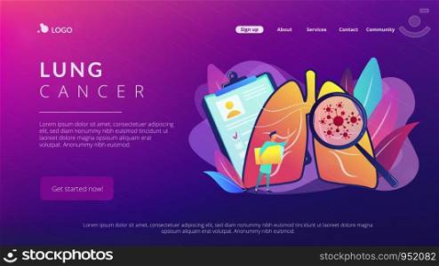 Huge magnifier showing cancer in the lungs and doctor with document folder. Lung cancer, trachea and bronchus concept on white background. Website vibrant violet landing web page template.. Lung cancer concept landing page.
