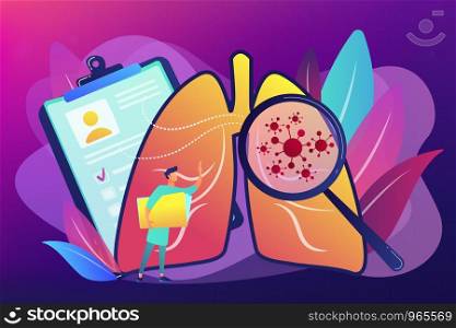 Huge magnifier showing cancer in the lungs and doctor with document folder. Lung cancer, trachea and bronchus concept on ultraviolet background. Bright vibrant violet vector isolated illustration. Lung cancer concept vector illustration.