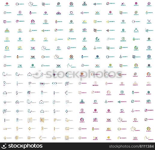 Huge mega collection of abstract logos. Linear logotypes made of overlapping multicolored segments of lines. Universal business icons, symbols for branding design