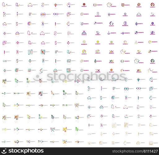 Huge mega collection of abstract logos. Linear logotypes made of overlapping multicolored segments of lines. Universal business icons, symbols for branding design