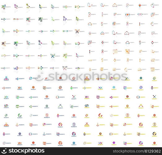 Huge mega collection of abstract logos. Linear logotypes made of overlapping multicolored segments of lines. Universal business icons, symbols for branding design