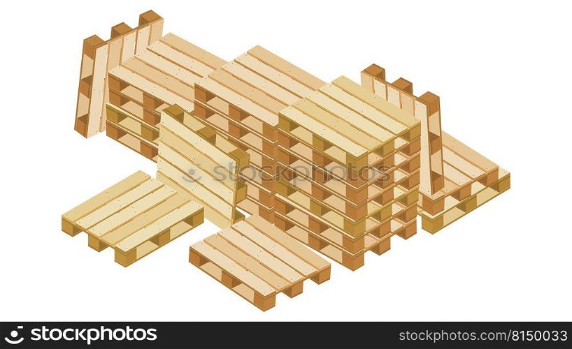 Huge pile of isometric pallets in stacks and many near lying and stand leaning for packaging and transportation isolated on white background. Vector illustration.. Huge pile of isometric pallets in stacks and many near lying and stand leaning for packaging and transportation isolated on white background.