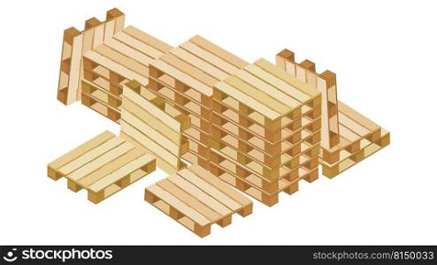 Huge pile of isometric pallets in stacks and many near lying and stand leaning for packaging and transportation isolated on white background. Vector illustration.. Huge pile of isometric pallets in stacks and many near lying and stand leaning for packaging and transportation isolated on white background.