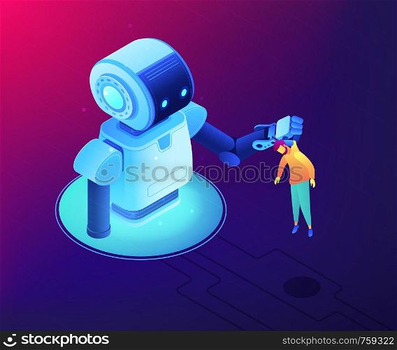 Huge robot lifting businessman by the collar and holding him. Human-robot interaction and cooperation, workplace automation, robot takeover concept. Ultraviolet neon vector isometric 3D illustration.. Human-robot interaction concept vector isometric illustration.