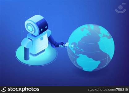Huge robot touching Earth globe with finger. Robotics network, international robot exhibition, fourth industrial revolution and ai concept. Ultraviolet neon vector isometric 3D illustration.. Robotics network concept vector isometric illustration.