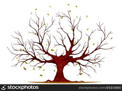 Huge tree with large trunk, bare branches and roots, falling leaves isolated on white background vector illustration. Huge Tree Illustration