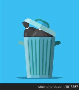Huge waste trash can. Bin full of plastic bags with garbage. Metal bucket. Garbage recycling and utilization equipment. Waste management. Vector illustration in flat style. Huge waste trash can