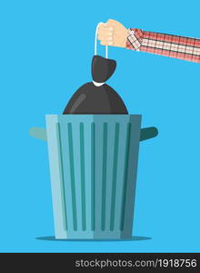 Huge waste trash can. Hand with bag for garbage. Metal bucket. Garbage recycling and utilization equipment. Waste management. Vector illustration in flat style. Huge waste trash can.