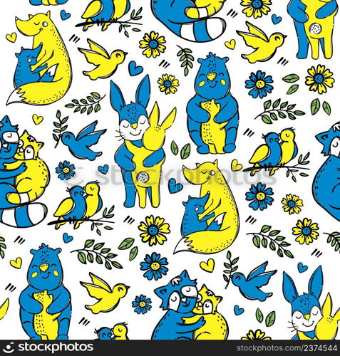 HUGGING ANIMALS Seamless Pattern Vector Illustration For Fabric