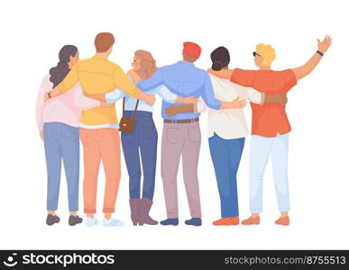 Hugging backs. Group people hugs friends back view, embrace students team, friendship unity teen school together, family relationship teamwork flat vector. Illustration of people team friendship. Hugging backs. Group people hugs friends back view, embrace diverse students team, friendship unity teen school together, family relationship teamwork flat swanky vector
