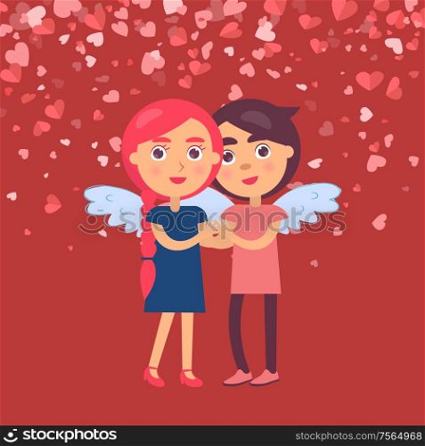 Hugging boyfriend and girlfriend in angel wings symbol of love isolated on burgundy background with flying hearts, vector couple celebrate Valentines day. Hugging Boyfriend Girlfriend in Angel Wings Vector