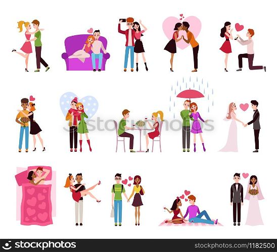 Hugging couple in love. Llifestyle of happy romantic couples, loving persons girlfriend and boyfriend in restaurant, walking in raining or marriage isolated vector set. Hugging couple in love. Llifestyle of happy romantic couples, loving persons in restaurant and raining isolated vector set