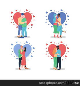 Hugging couples in love flat color vector detailed character set. Gay lovers. Happy boyfriend, girlfriend. Valentine day isolated cartoon illustration for web graphic design and animation collection. Hugging couples in love flat color vector detailed character set