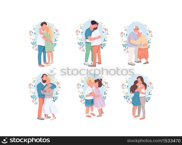 Hugging flat color vector faceless characters set. Happy relatives. Different cute couple. Little brother and sister. Romantic dating. Family isolated cartoon illustrations on white background. Hugging flat color vector faceless characters set