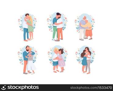 Hugging flat color vector faceless characters set. Happy relatives. Different cute couple. Little brother and sister. Romantic dating. Family isolated cartoon illustrations on white background. Hugging flat color vector faceless characters set