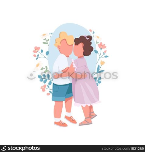 Hugging kids flat concept vector illustration. Brother hold little sister. Cute children cuddling together. Toddler friends. Family 2D cartoon characters for web design. Siblings creative idea. Hugging kids flat concept vector illustration