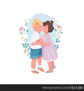 Hugging kids flat concept vector illustration. Brother hold little sister. Cute children cuddling together. Toddler friends. Family 2D cartoon characters for web design. Siblings creative idea. Hugging kids flat concept vector illustration