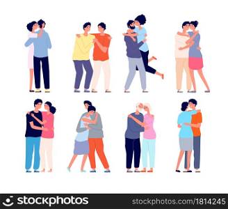 Hugging people. Embracing person, friends support each other. Couple in love hug together, isolated students utter friendship vector set. Illustration embracing togetherness, diversity community. Hugging people. Embracing person, friends support each other. Couple in love hug together, isolated students utter friendship vector set