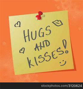 ""hugs and kisses" handwritten message on sticky paper, eps10 vector illustration"