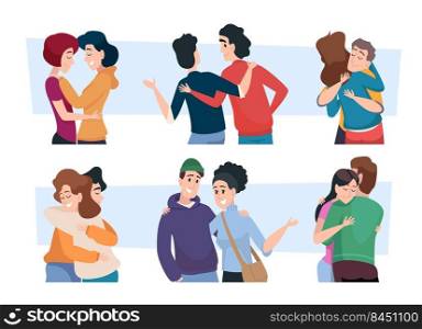 Hugs characters. People embracing couples with positive emotions exact vector cartoon persons. Illustration of love happy, young hug together. Hugs characters. People embracing couples with positive emotions exact vector cartoon persons