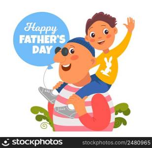 Hugs father Day. Funny dad with son. Cute little boy together with loving parent. Happy fatherhood. Family holiday. Man holding kid on shoulders. Cartoon characters embrace. Vector parenthood concept. Hugs father Day. Funny dad with son. Cute boy together with loving parent. Happy fatherhood. Family holiday. Man holding kid on shoulders. Cartoon characters embrace. Vector concept