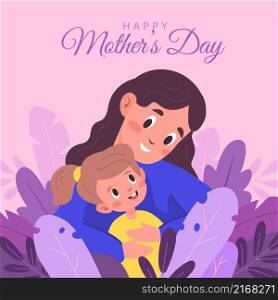 Hugs mother day. Happy mom hugs daughter, loving family, parent and child in embrace, cute greeting card, plant elements, boy and woman with congratulation text, vector cartoon flat isolated concept. Hugs mother day. Happy mom hugs daughter, loving family, parent and child in embrace, cute greeting card, plant elements, boy and woman with congratulation text, vector isolated concept