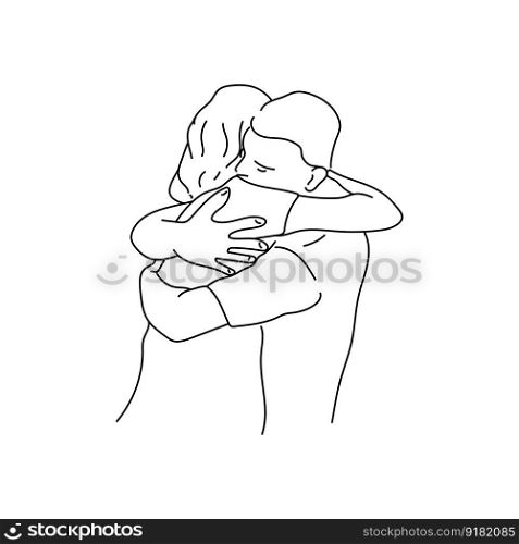 Hugs of a man and a woman, an outline drawing about feelings and support, two people embrancing, vector illustration