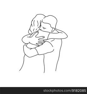 Hugs of a man and a woman, an outline drawing about feelings and support, two people embrancing, vector illustration