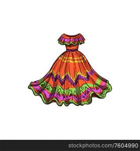 Huipil garment isolated traditional mexican dress sketch. Vector Mexico indigenous women gown. National mexican dress isolated huipil garment