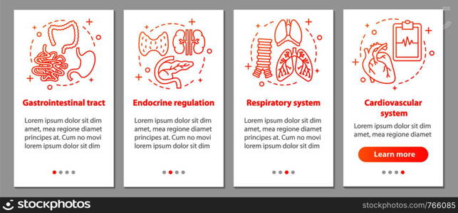 Human anatomy onboarding mobile app page screen with linear concepts. Respiratory and cardiovascular system, gastrointestinal tract, endocrine regulation steps. UX, UI, GUI vector illustrations. Human anatomy onboarding mobile app page screen with linear conc