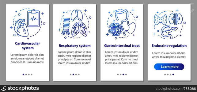 Human anatomy onboarding mobile app page screen with linear concepts. Respiratory and cardiovascular system, gastrointestinal tract, endocrine regulation steps. UX, UI, GUI vector illustrations. Human anatomy onboarding mobile app page screen with linear conc